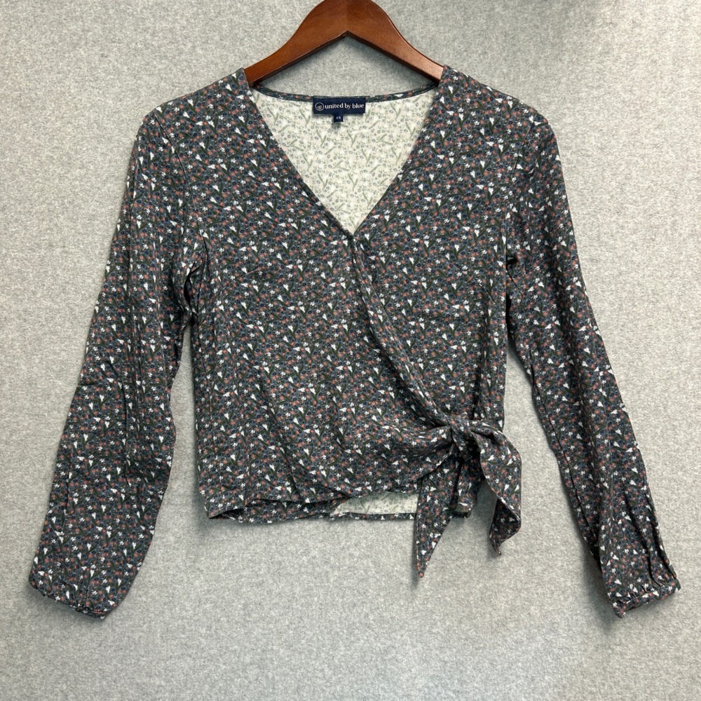 United By Blue Tencel Tie Woven Top Wrap Blue Bird Floral Long Sleeve Women XS